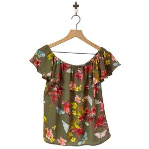 Anthropologie Maeve Floral Off The Shoulder Blouse‎ Small Green Butterflies